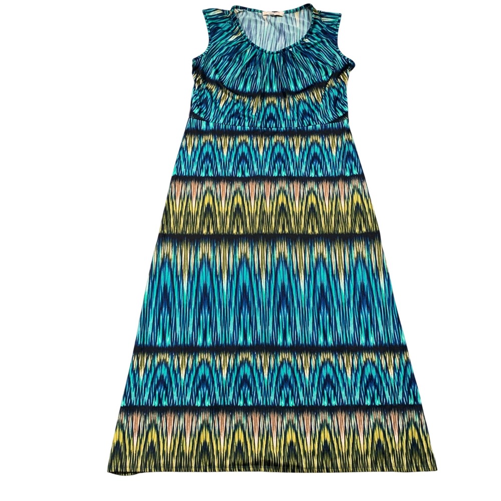 Evan-Picone Blue Green Ikat Geometric Sleeveless Maxi Dress Size 14 Stretch Boho